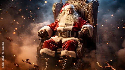 Weihnachtsmann auf seinem Thron / Santa wartet im Chefsessel / Weihnachts Fantasie Poster / 16:9 Breitbild Format Weihnachtsmann Illustration / Frame TV Wallpaper / Ki-Ai generiert