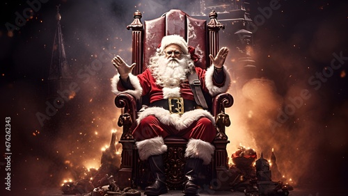 Weihnachtsmann auf dem Thron / Santa dämpft die Erwartungen mit einer Geste / Weihnachts Poster / Frame TV - Christmas Art / Ki-Ai generiert photo