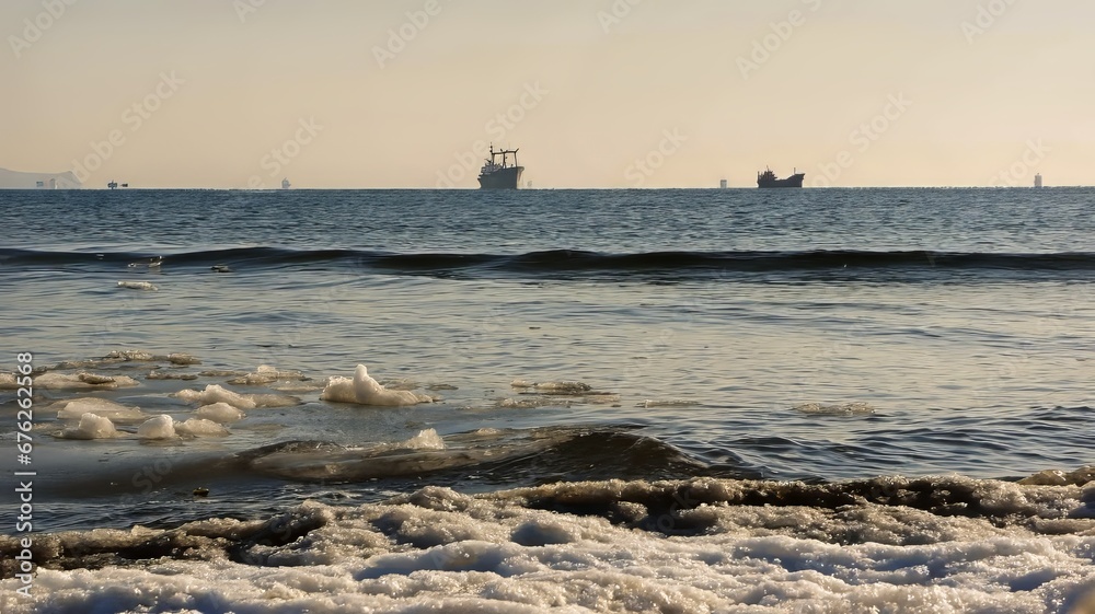 Winter seascape with ships on the horizon
