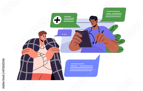 Doctor communicates with sick patient by chat, messenger. GP prescribes medical cure, remedy in internet. Health, healthcare online service. Flat isolated vector illustration on white background