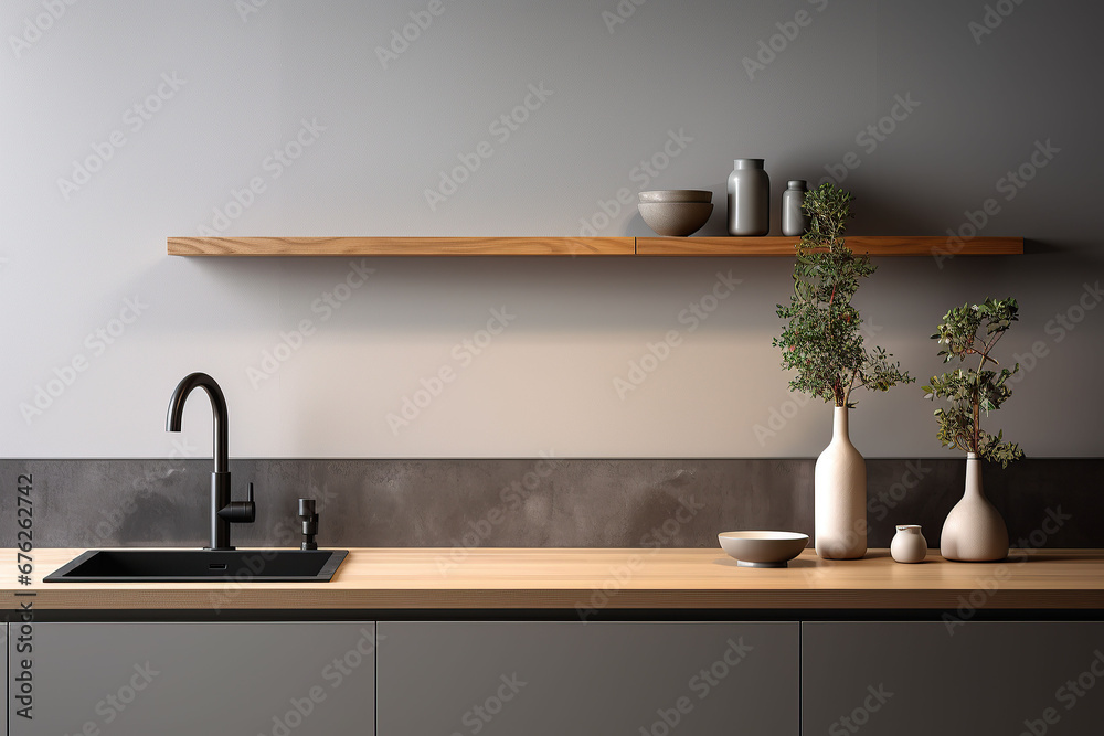 Interior of modern kitchen with countertop, sink, faucet and plant Interior of modern kitchen with countertop, sink, faucet and plant