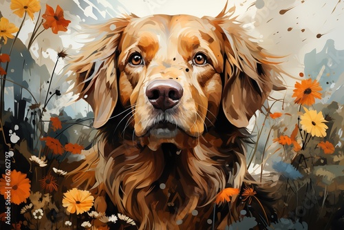 golden retriever puppy with flowers
