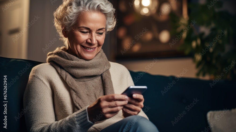 Happy senior using smartphone to shopping online, super sale on black friday, payment with credit card or payment app, cashless society and digital lifestyle.  - obrazy, fototapety, plakaty 