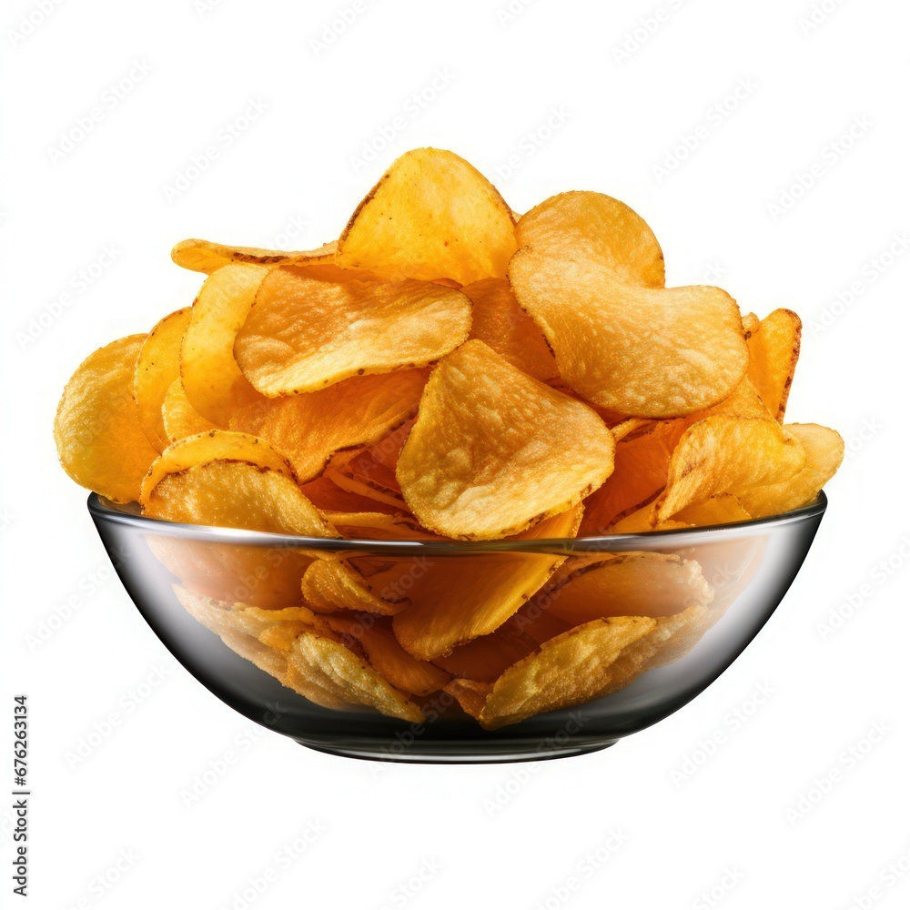 Bowl with tasty potato chips on white background Bowl with tasty potato chips on white background