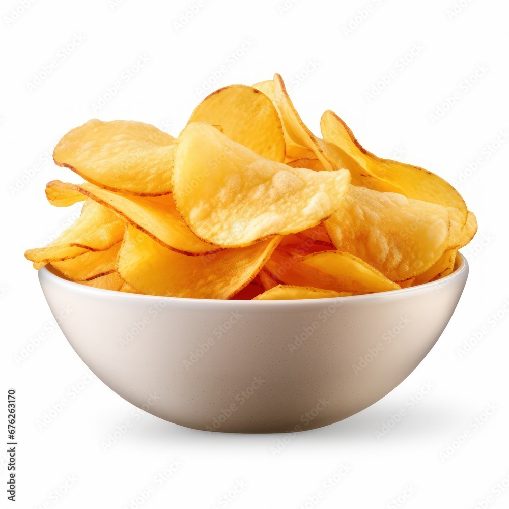 Bowl with tasty potato chips on white background Bowl with tasty potato chips on white background