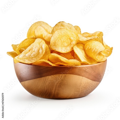 Bowl with tasty potato chips on white background
