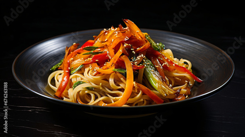 Oriental wheat noodles with fried vegetable strips