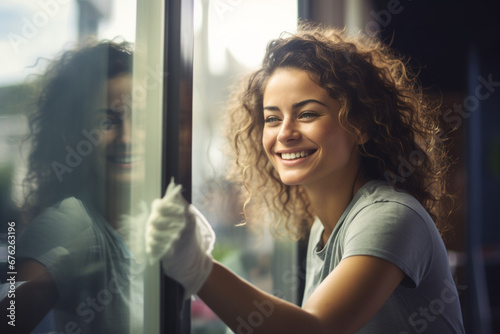 Woman cleaning windows and smiling