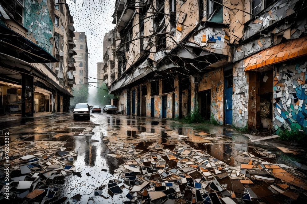 A shattered mosaic of urban decay in the rain