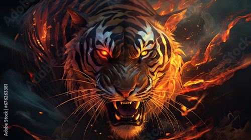 Fiery digital art of a tiger emerging from flames, symbolizing rebirth and power Ai Generative