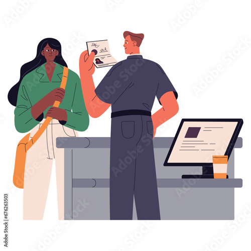 Immigration control worker scans passport. Tourist crossing border. Airport customs safety check documents. People on checkpoint in travel. Identification flat isolated vector illustration on white