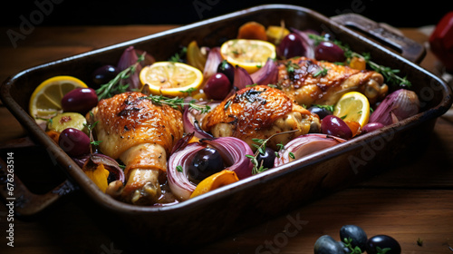 Oven roasted chicken legs with olives onions garlic