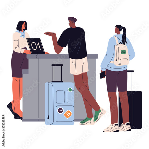 Couple travel with baggage, luggage. People check in for flight on reception, communicate on airport registration, border control, customs. Flat isolated vector illustration on white background