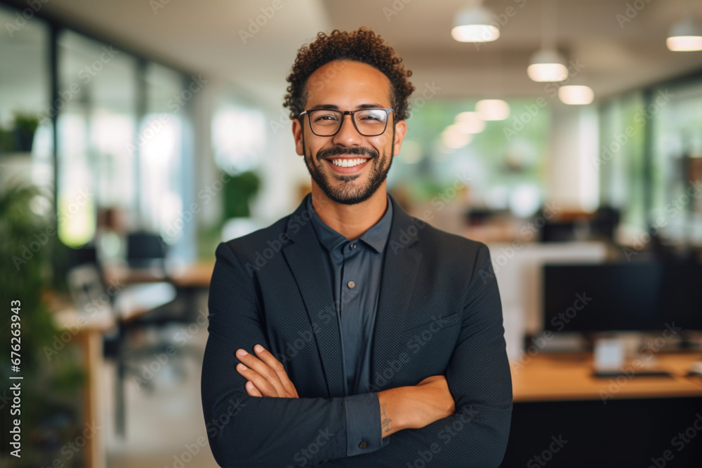 Young happy mixed race businessman standing with his arms crossed working alone in an office at work, One expert proud hispanic male boss smiling while standing in an office - obrazy, fototapety, plakaty 