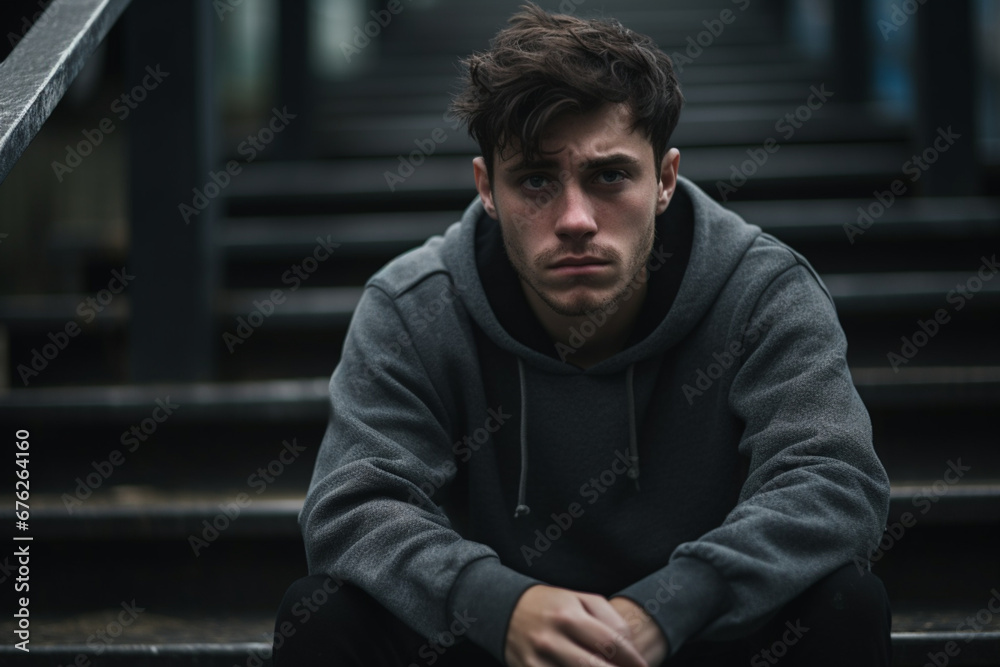 Young sad man sitting in regret Young sad man sitting in regret