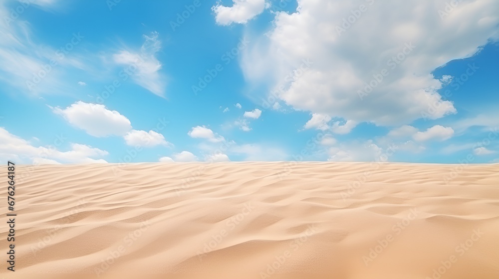 Naklejka premium Captivating Desert Landscape, Low Angle View of Sandy Dunes and Clear Blue Skies