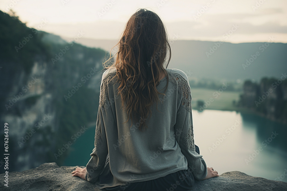 Young woman sitting on edge looks out at view - obrazy, fototapety, plakaty 