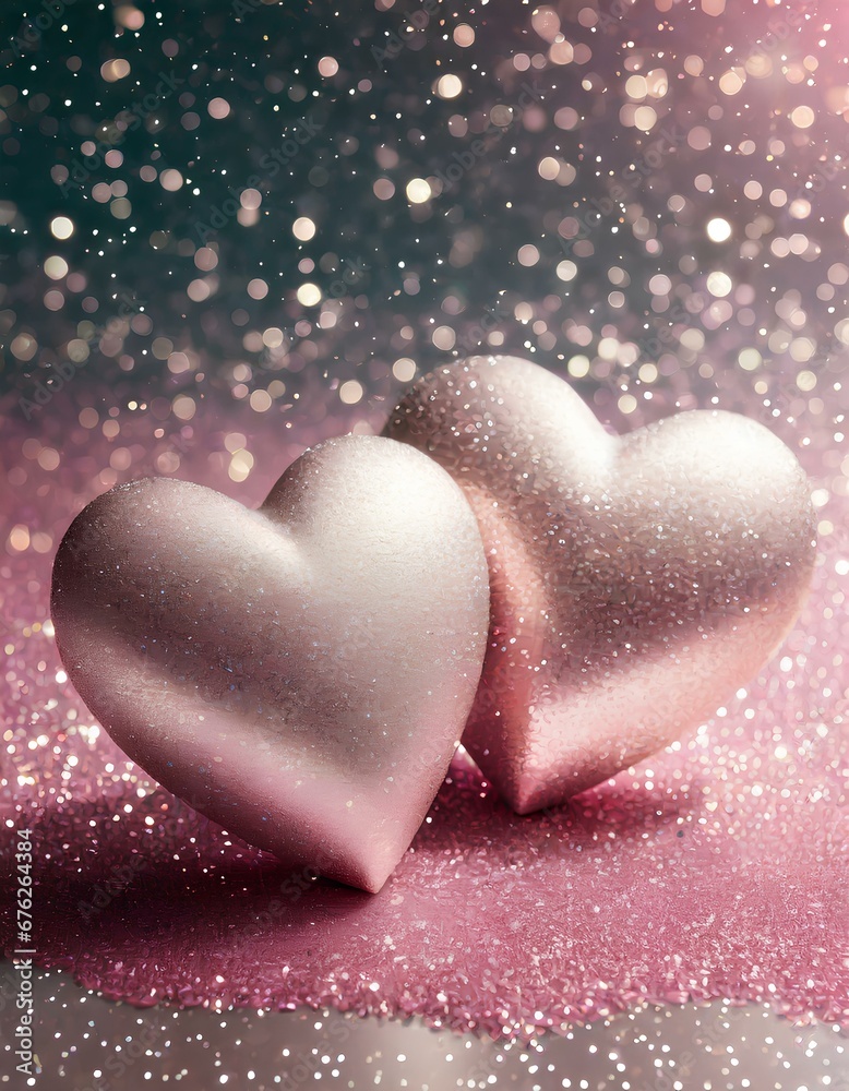 A pair of 3D rendered Glitter Hearts on a Glitter Bokeh Background. For Valentine's day, Mother's day, Wedding or Love related events.