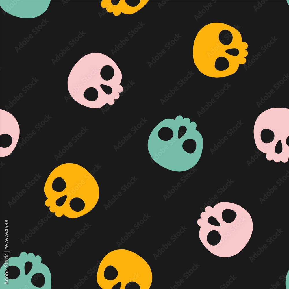 Seamless pattern with colorful halloween skulls and black background Seamless pattern with colorful halloween skulls and black background