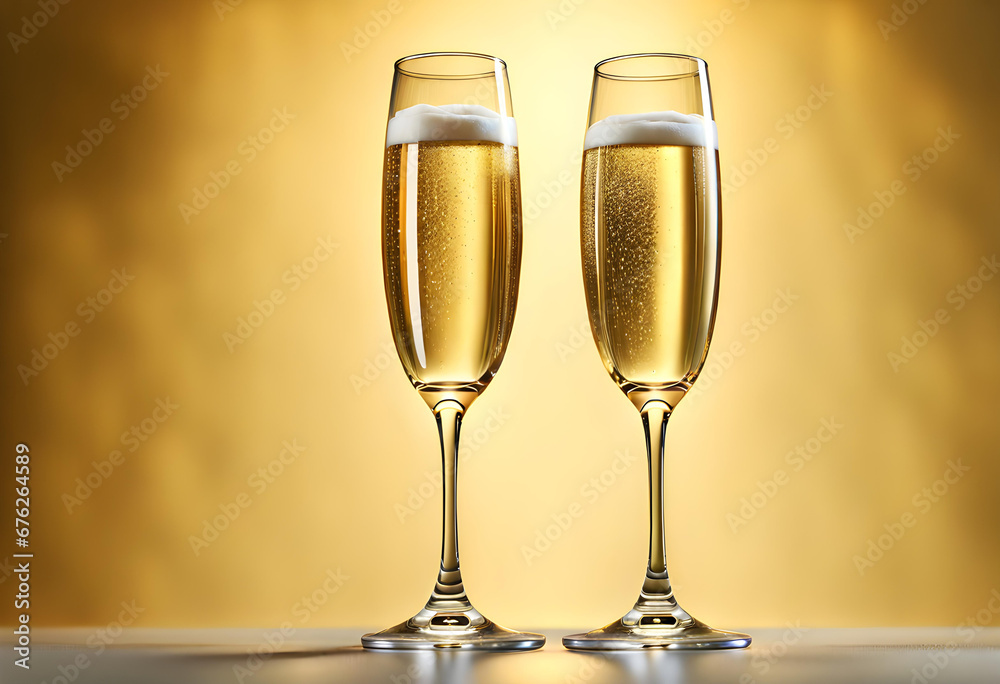 Two champagne glasses and golden background Two champagne glasses and golden background