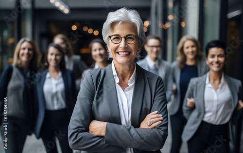 Head shot portrait smiling multiethnic employees group with mature businesswoman executive team leader looking at camera, happy diverse colleagues posing for photo in office, unity and cooperation 