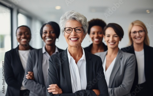 Head shot portrait smiling multiethnic employees group with mature businesswoman executive team leader looking at camera, happy diverse colleagues posing for photo in office, unity and cooperation  © Kowit