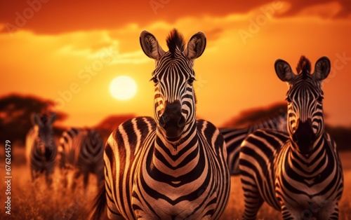 African zebras at sunset in the National Park.