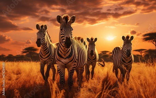 African zebras at sunset in the National Park.