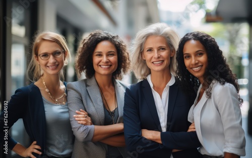 Head shot portrait smiling multiethnic employees group with mature businesswoman executive team leader looking at camera, happy diverse colleagues posing for photo in office, unity and cooperation	 photo