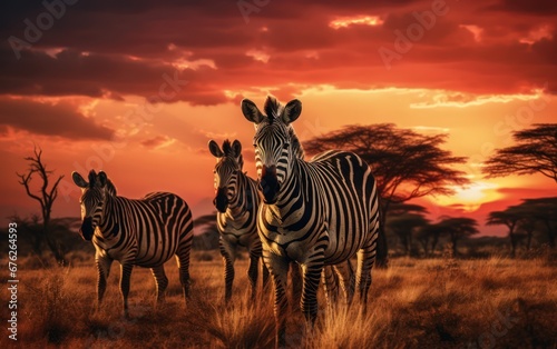 African zebras at sunset in the National Park. © Kowit