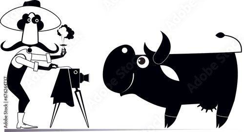 Cartoon farmer takes a photo of the cow. 
Cattle farm. Funny long mustache man in the hat takes a photo of the cow. Black and white illustration
