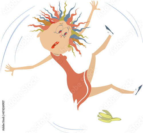 Young woman falling banana peel. 
Cartoon young woman falling down slipping on banana peel
