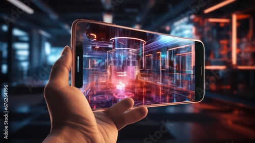 AR Technology concept. Augmented Reality. Cyber Mobile Technology. Neon transparent Background.  