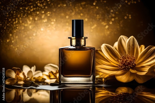 black and gold luxurious perfume , golden flower background , luxury perfume bottle