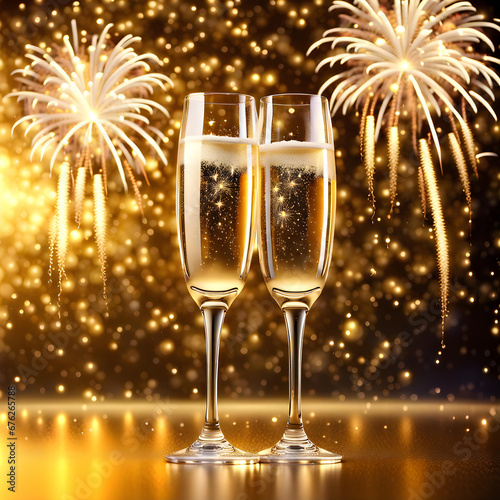 Golden background with two toasting champagne glasses and fireworks