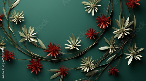 Contemporary pattern of minimalist holiday wreaths on a solid color backdrop. AI generated