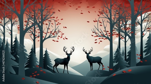 Geometric pattern of minimalist reindeer silhouettes on a solid color base. AI generated