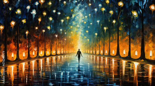 oil painting People walk along the path of darkness. Surrounded by bright lanterns leading the way to your destination.