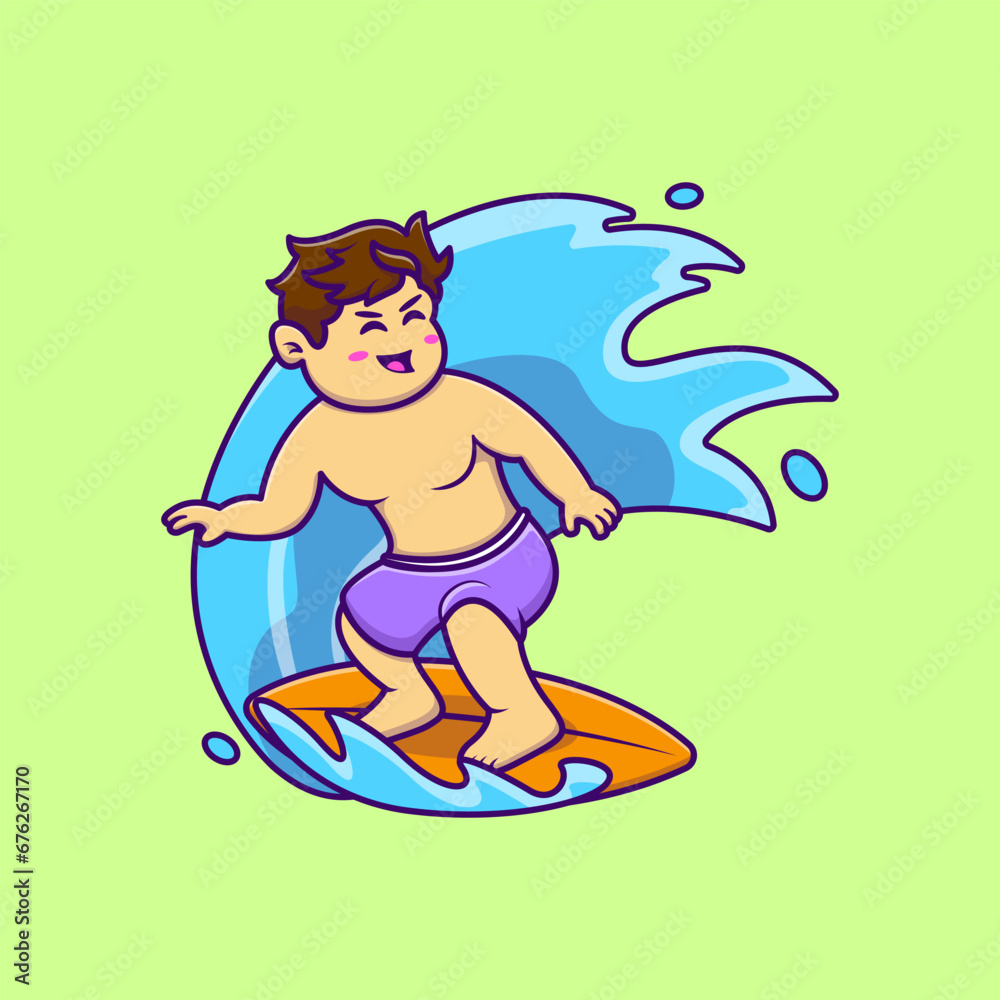 Cute Boy Surfing Cartoon Vector Icons Illustration. Flat Cartoon