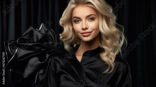 beautiful stylish young rich woman in black clothes on a dark shiny background, shopping, glamor, luxury, portrait, girl, face, smile, sale, beauty, outfit, lifestyle, wealth, elite, space for text