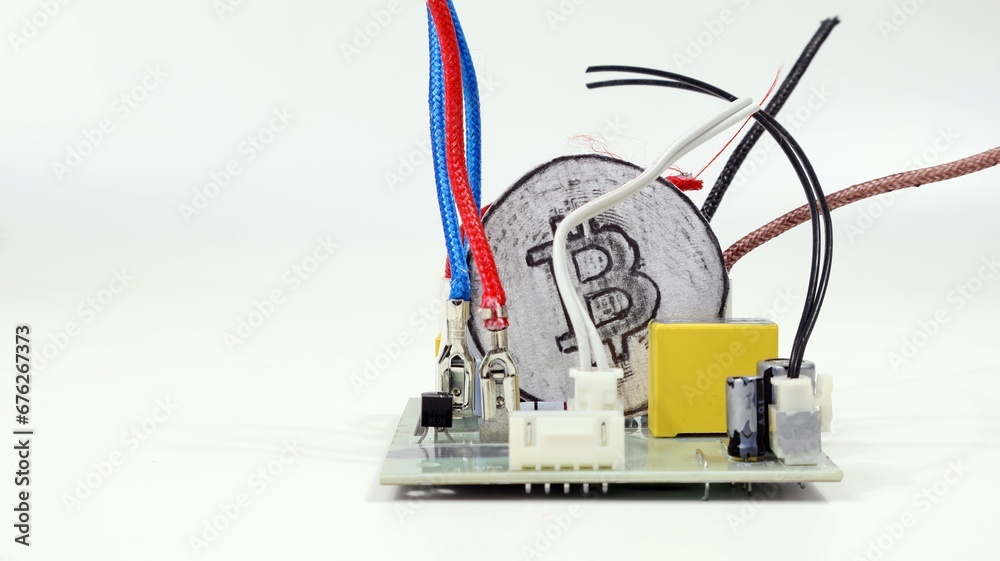 Criptovaluta Bitcoin isolata su sfondo bianco, all'interno di componenti elettronici.