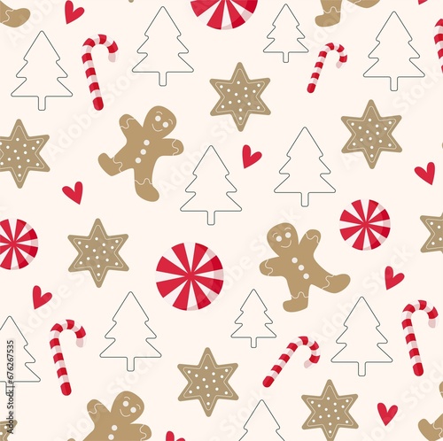 Winter seamless pattern background with gingermans,candies and christmas trees.Winter seamless pattern for background,banner or wallpaper.