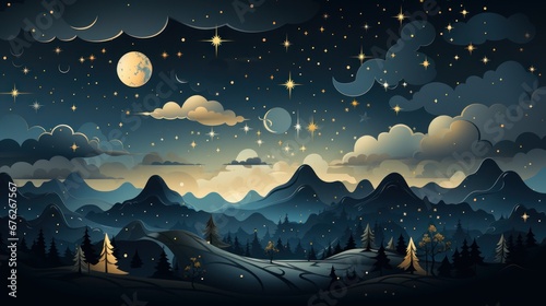 Pattern of stars and moon in a night sky theme. AI generated illustration