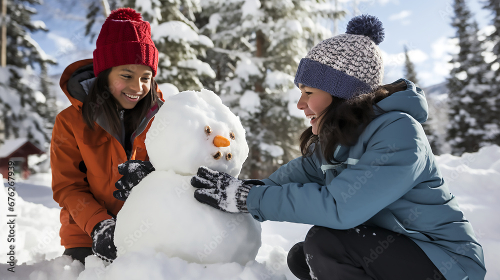 Dos niñas agachadas y abrigadas jugando con un muñeco de nieve en un día soleado de invierno. Dos niñas agachadas y abrigadas jugando con un muñeco de nieve en un día soleado de invierno.