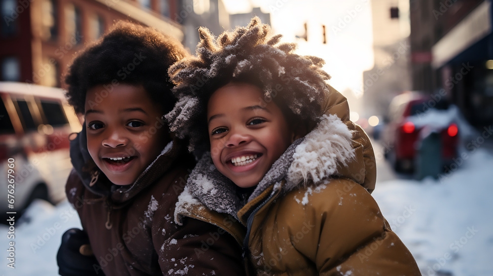 Dos niños afroamericanos abrigados y sonriendo en una calle nevada en un día soleado de invierno. Dos niños afroamericanos abrigados y sonriendo en una calle nevada en un día soleado de invierno.