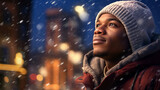 Hombre afroamericano con gorro gris mirando y sonriendo como cae la nieve en una tarde de invierno en la ciudad.