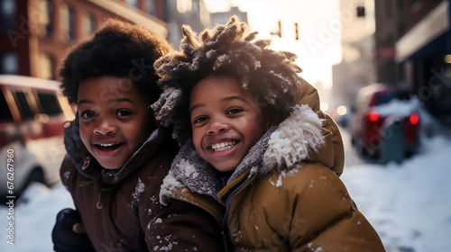 Dos niños afroamericanos abrigados y sonriendo en una calle nevada en un día soleado de invierno.