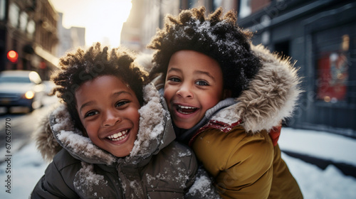 Dos niños afroamericanos de pie y sonriendo abrigados en una calle nevada en un día de invierno.