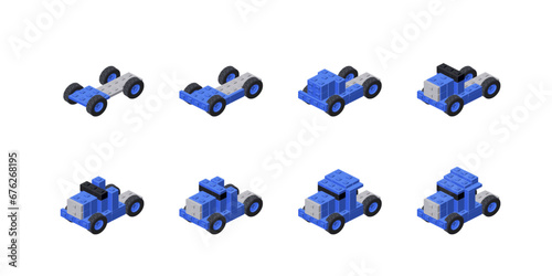 Step-by-step construction of a truck. Vector illustration