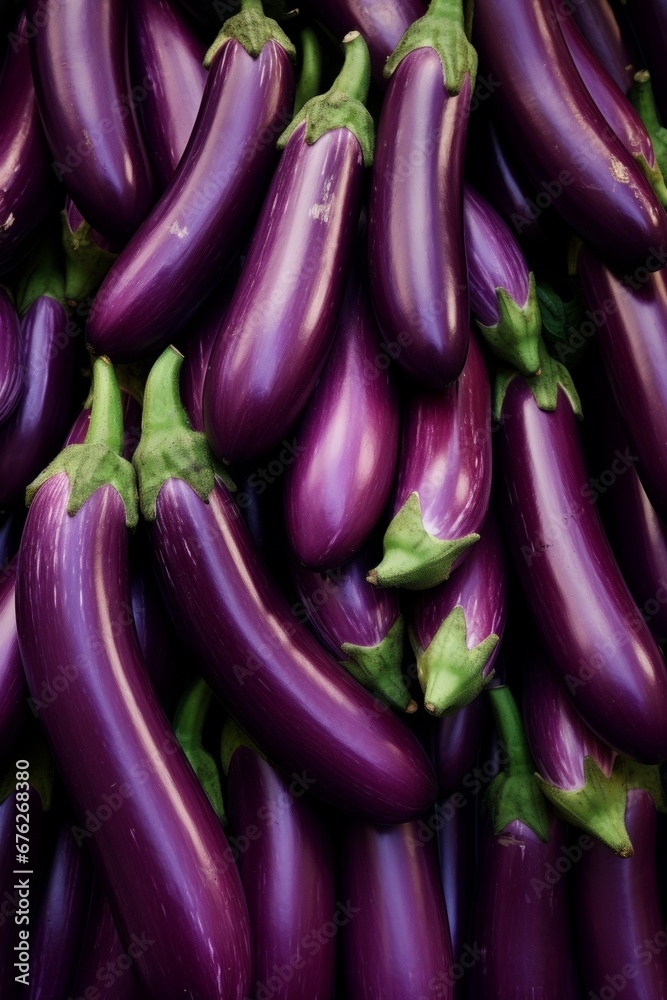 Eggplant harvest: assortment of locally grown fresh Japanese eggplants at the farmer's market